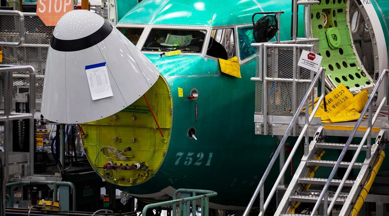 A Boeing 737 MAX 8 on the assembly line at the Boeing plant in Renton, Washington. (Ruth Fremson/The New York Times)