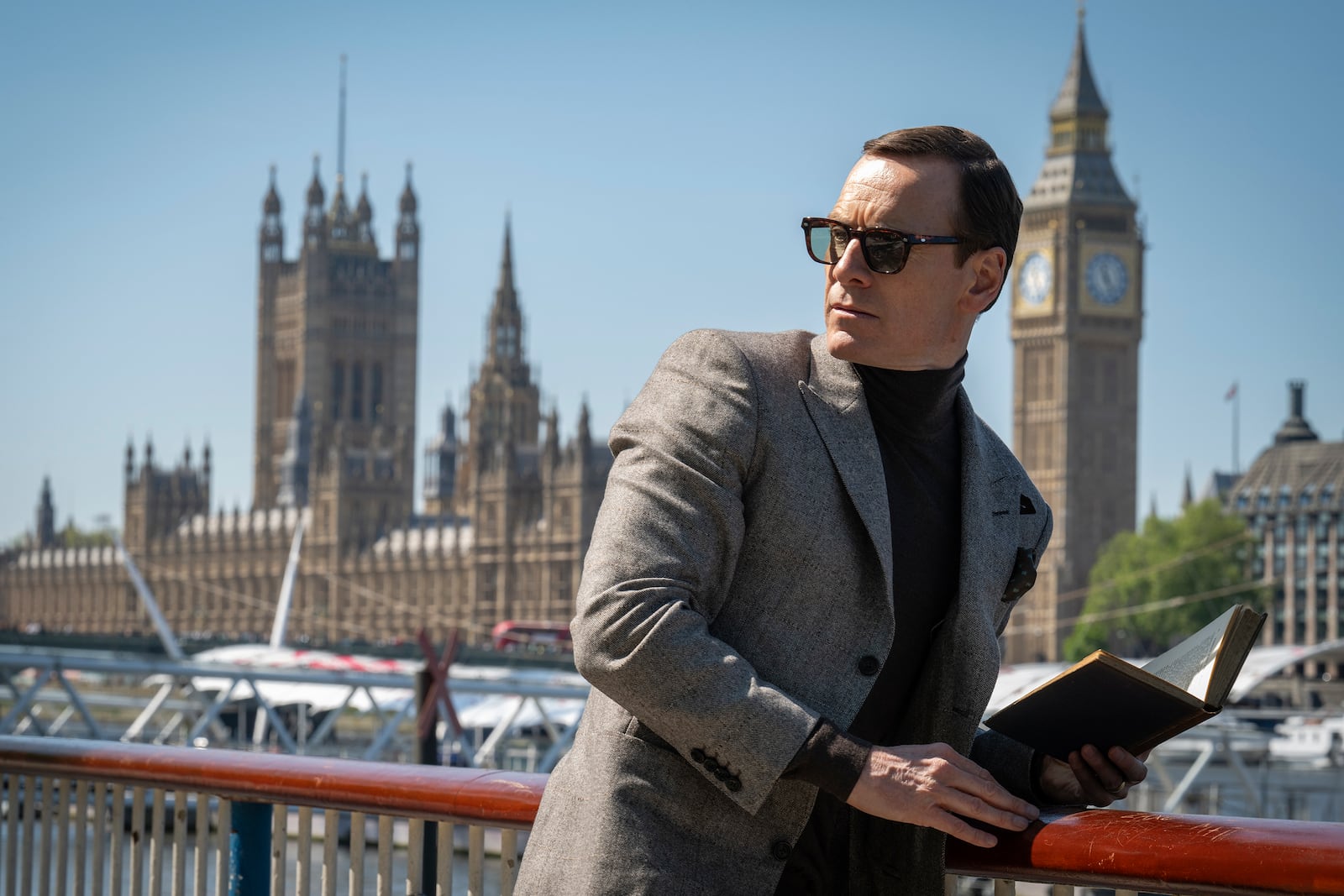 This image released by Focus Features shows Michael Fassbender in a scene from "Black Bag." (Claudette Barius/Focus Features via AP)