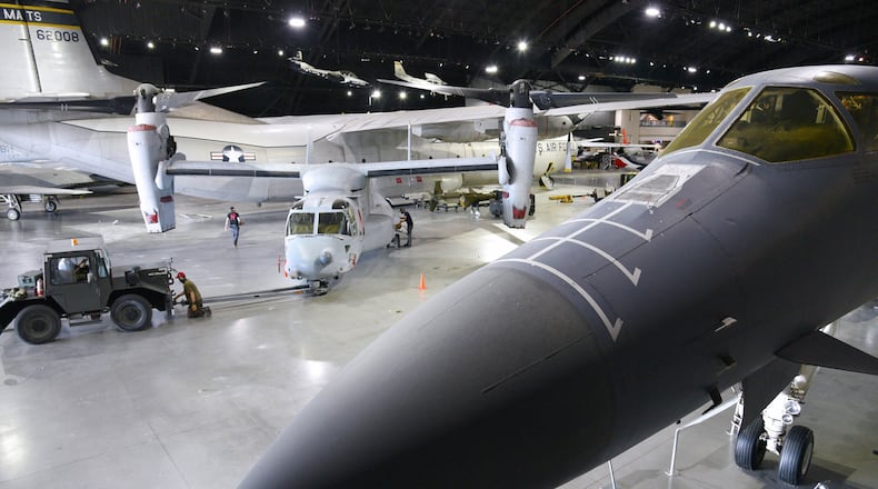 Museum restoration crews move the Bell-Boeing CV-22B Osprey into position during the Cold War Gallery aircraft moves. These moves are intended to better tell the story of the Cold War and post-Cold War, as well as provide new views of the aircraft in these galleries. CONTRIBUTED/U.S. AIR FORCE/KEN LAROCK