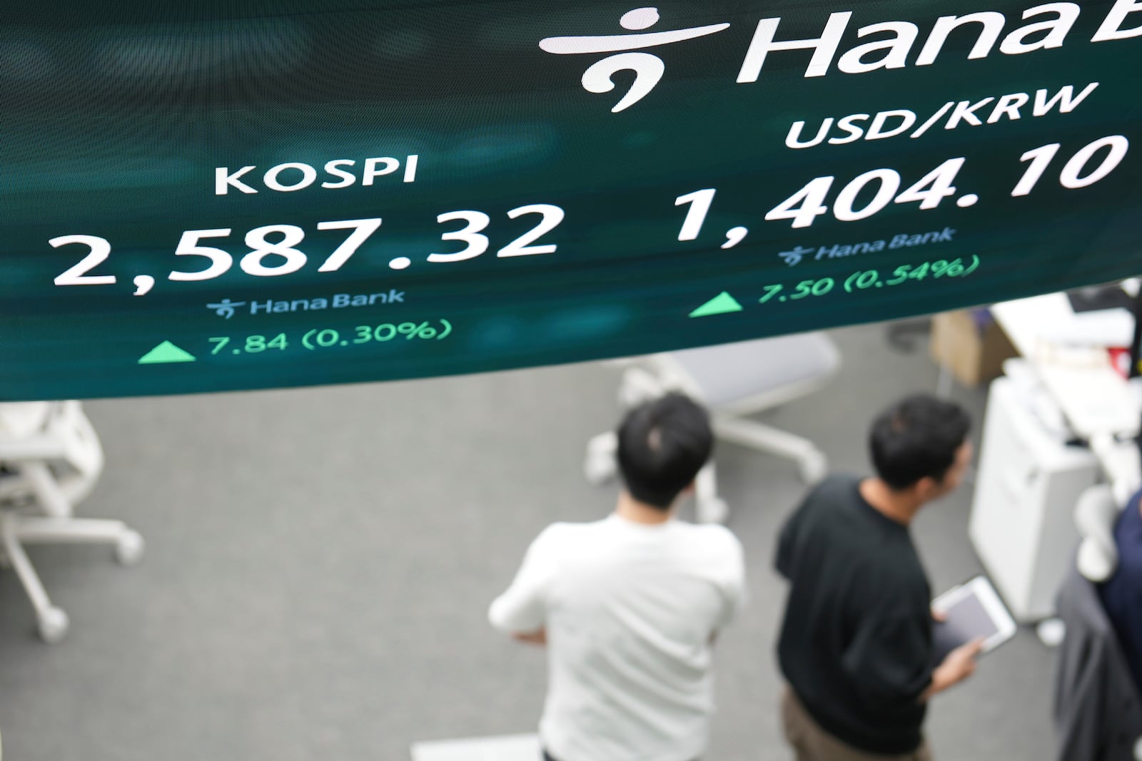 Dealers walk past near the screens showing the Korea Composite Stock Price Index (KOSPI), left, and the foreign exchange rate between U.S. dollar and South Korean won at a dealing room of Hana Bank in Seoul, South Korea, Friday, May 9, 2025. (AP Photo/Lee Jin-man)