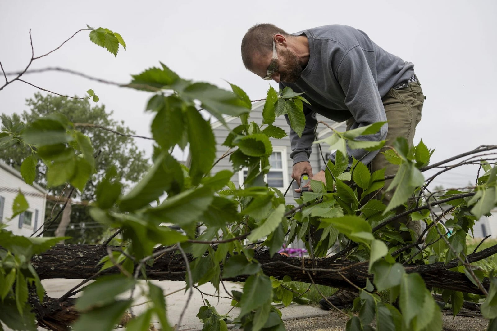Casey Fiest uses an electric chainsaw to cut limbs off of a broken tree laying in a yard from the previous night's severe thunderstorms in Bismarck, N.D., on Saturday, June 21, 2025. (Tanner Ecker /The Bismarck Tribune via AP)