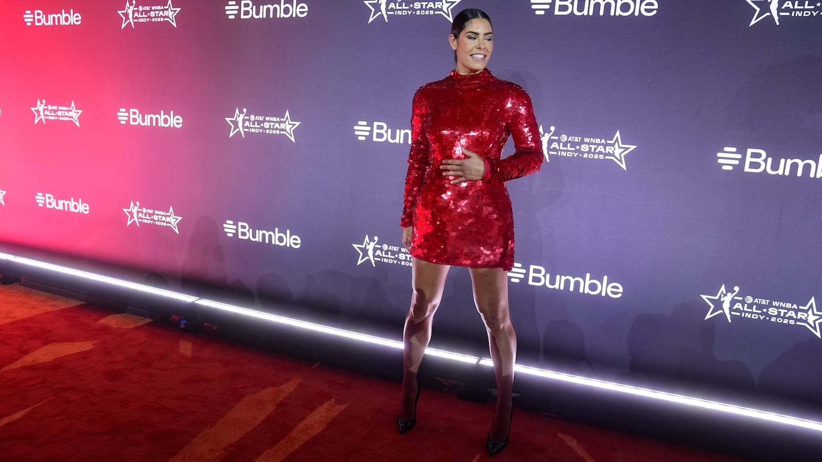 Los Angeles Sparks's Kelsey Plum poses on the orange carpet for WNBA All Star basketball events, Thursday, July 17, 2025, in Indianapolis. (AP Photo/Darron Cummings)