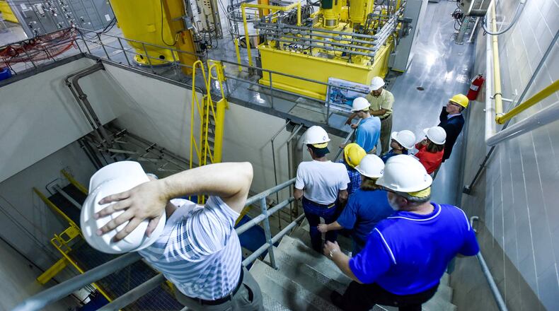 The city of Hamilton and American Municipal Power, Inc. held a dedication ceremony for the 105-MW Meldahl Hydroelectric Plant Thursday, June 2 in Foster, Kentucky. Hamilton retains the rights for 51.4 percent share of the energy output and AMP retains the remaining output for 47 other AMP members participating in the project. NICK GRAHAM/STAFF