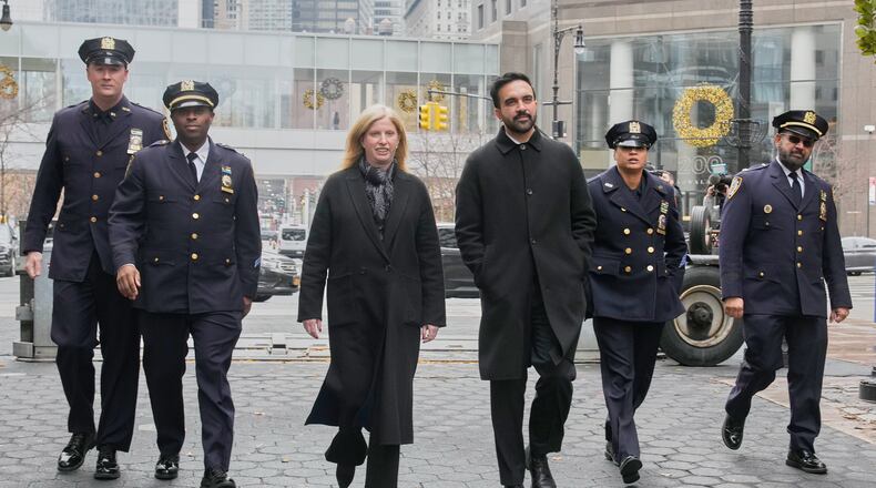 New York Mayor-elect Zohran Mamdani and New York City Police Commissioner Jessica Tisch walk to the New York City Police Memorial, Wednesday, Nov. 19, 2025. (AP Photo/Richard Drew)