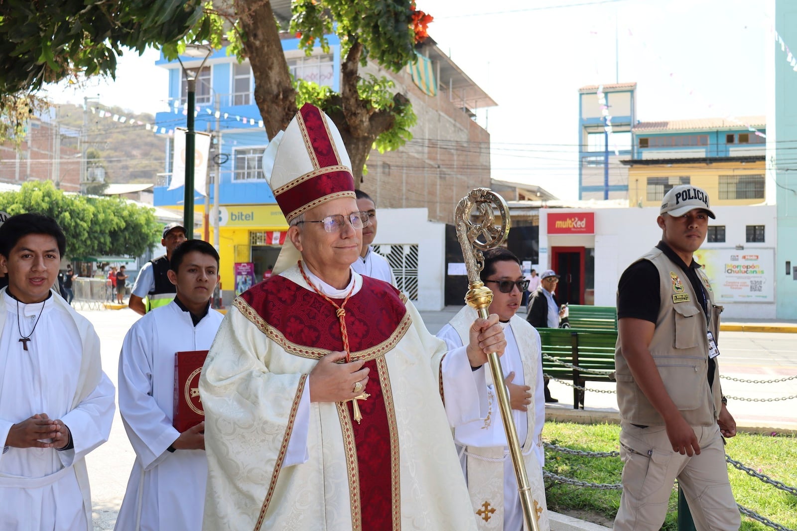 In this photo released by the Diocese of Chulucanas, Bishop Robert Prevost leads an anniversary celebration of the Diocese in Chulucanas, Peru, Monday, Aug. 12, 2024. (Diocese of Chulucanas via AP)