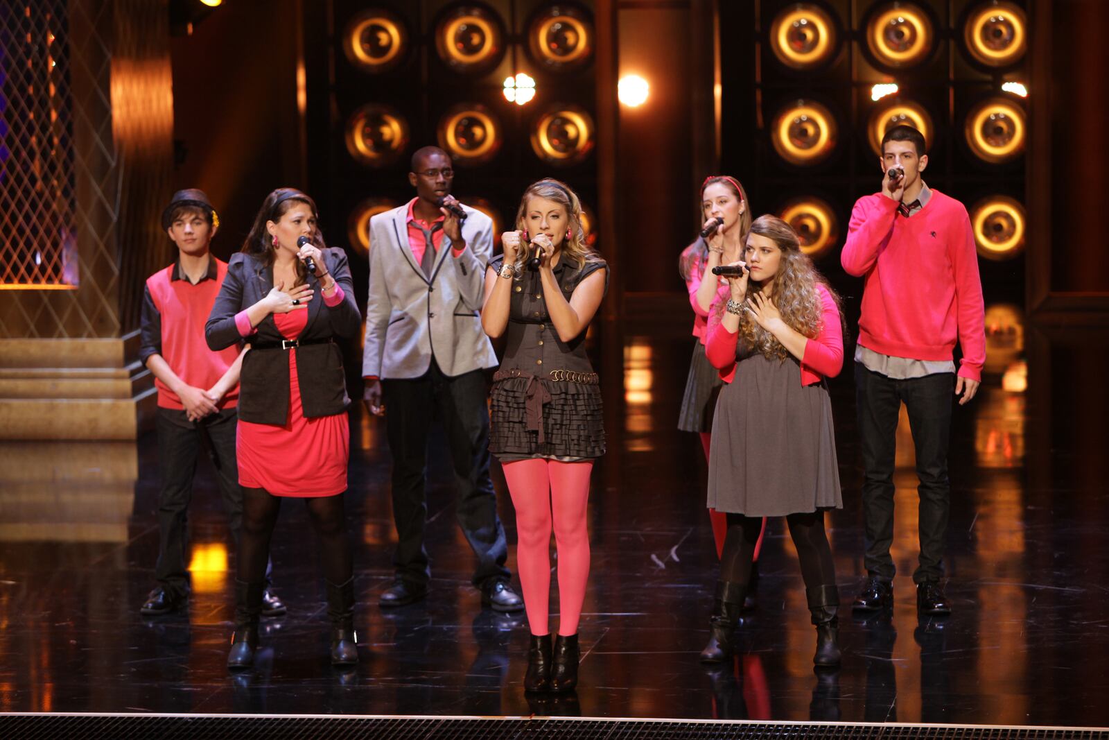 Fairmont High School a capella singing group Eleventh Hour competes on NBC's show "The Sing-Off," which premieres Monday, Dec. 6, 201-. From left are Kurt Zimmerman, Emily Gatlin, Colton Jones, Kendall Young, Anna Townsend, Claire Keathley and Bobby Symes. Contributed photo by: Harper Smith/NBC