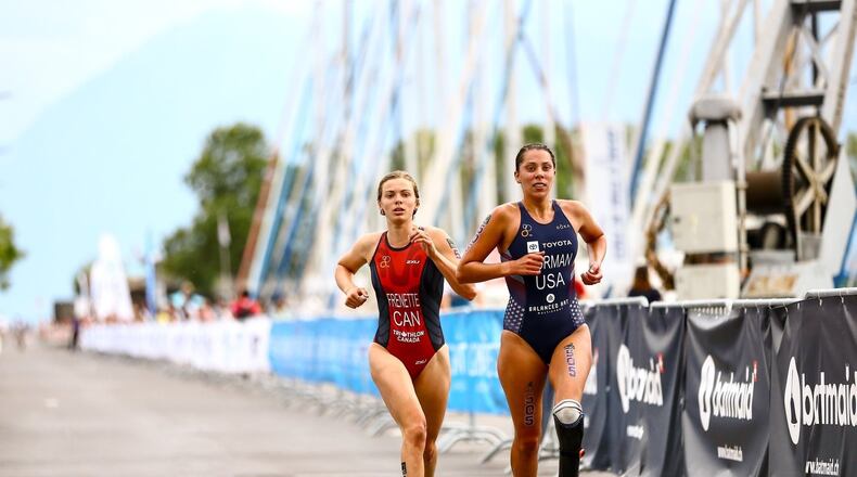 Grace Norman (right) won the bronze medal at the ITU (International Triathlon Union) World Championship in Lausanne, Switzerland on Sept. 1, 2019/ Tommy Zaferes/ITU Media