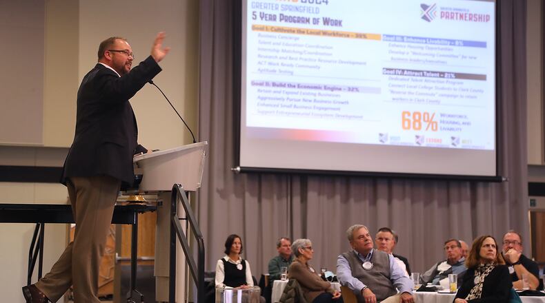 Horton Hobbs, Greater Springfield Partnership Vice Prestident of Economic Development, talks about economic development Monday at the Springfield Rotary Club weekly meeting. BILL LACKEY/STAFF