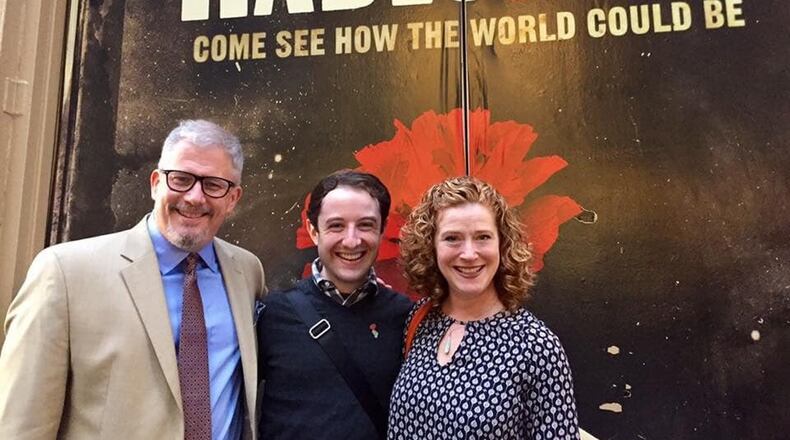(left to right) Joe Deer, chair of Wright State University’s Department of Theatre, Dance and Motion Pictures, Joey Monda, a Wright State graduate and Broadway producer with Sing Out, Louise! Productions, and Marya Spring Cordes, head of acting in Wright State’s Department of Theatre, Dance and Motion Pictures, pose outside New York’s Walter Kerr Theatre, home of the new jazz musical “Hadestown.” Co-produced by Sing Out, Louise! Productions and inspired by Greek mythology, “Hadestown” is nominated for 14 Tony Awards including best musical. CONTRIBUTED
