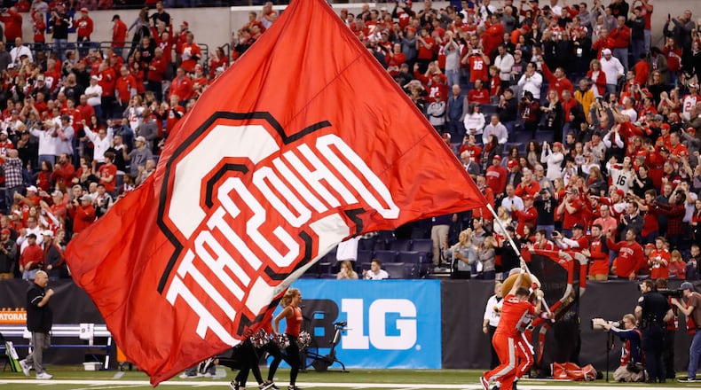 INDIANAPOLIS, IN - DECEMBER 02: The Ohio State Buckeyes cheerleaders perform holding a flag while playing against the Wisconsin Badgers during the Big Ten Championship game at Lucas Oil Stadium on December 2, 2017 in Indianapolis, Indiana. (Photo by Andy Lyons/Getty Images)