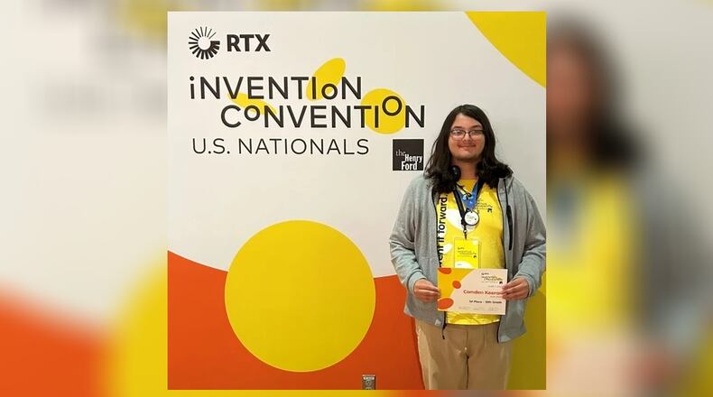 Camden Keeran, a Computer Graphic Design student from Kenton Ridge High School, won first place at the Invention Convention U.S. Nationals with his invention Dash Stash, a product to help keep food deliveries warm and safe. Contributed