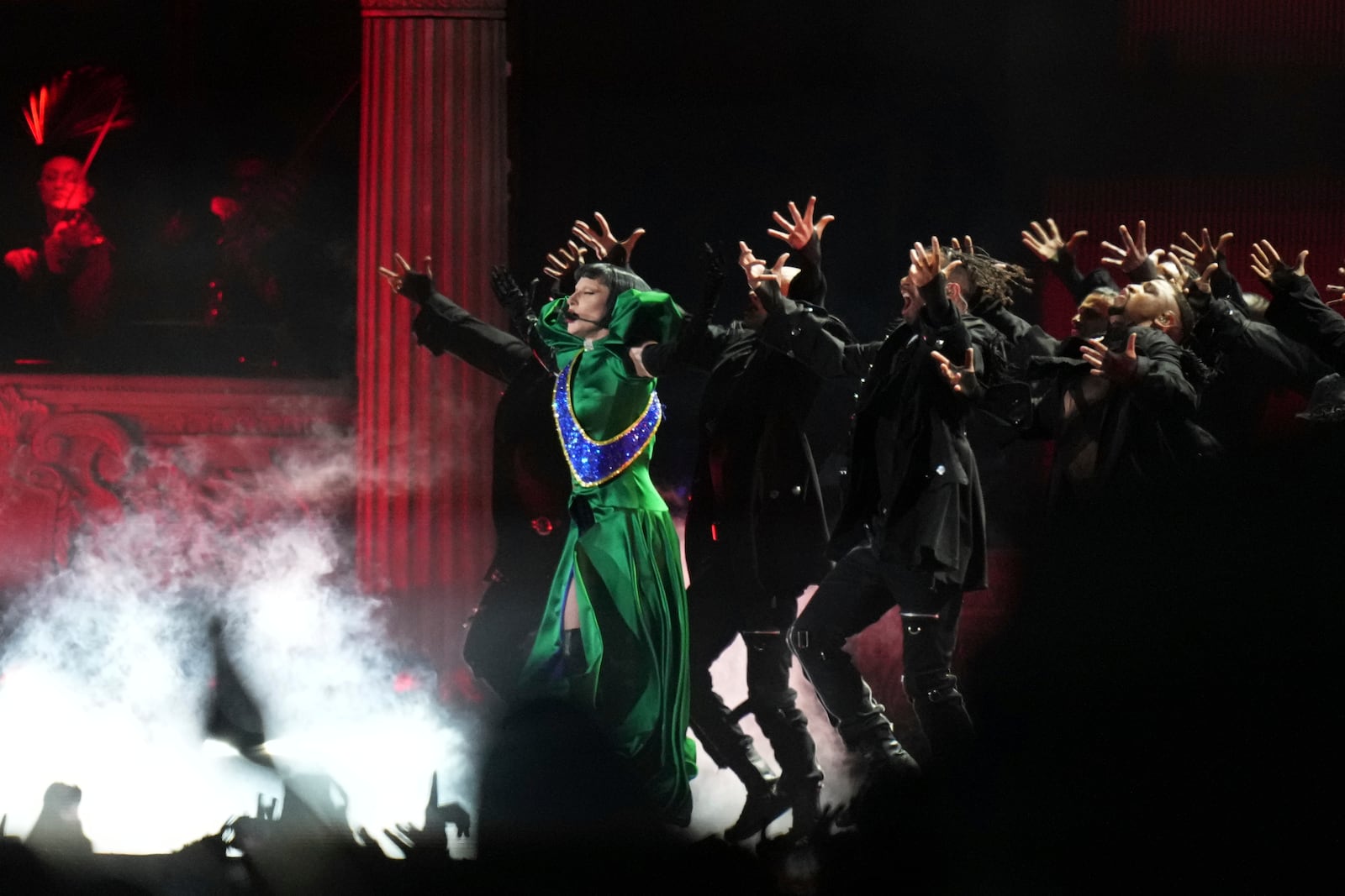 Lady Gaga performs during her free concert on Copacabana Beach in Rio de Janeiro, Saturday, May 3, 2025. (AP Photo/Silvia Izquierdo)