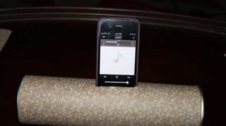 The finished project, a Pringles speaker. Insert your phone or mp3 player and you have a speaker system. JESSICA GARRINGER / CONTRIBUTED