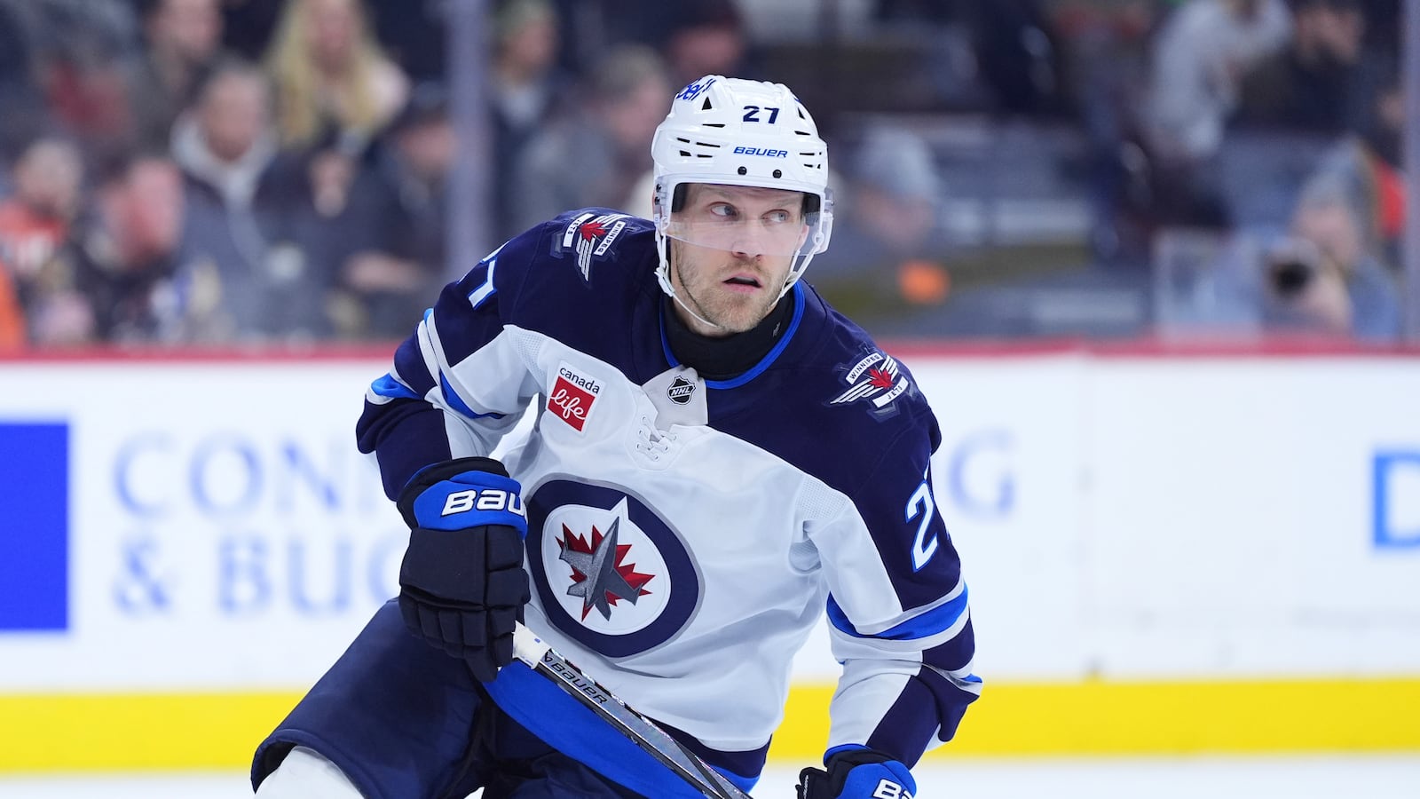 FILE - Winnipeg Jets' Nikolaj Ehlers plays during an NHL hockey game, Thursday, in Philadelphia. (AP Photo/Matt Slocum, File)
