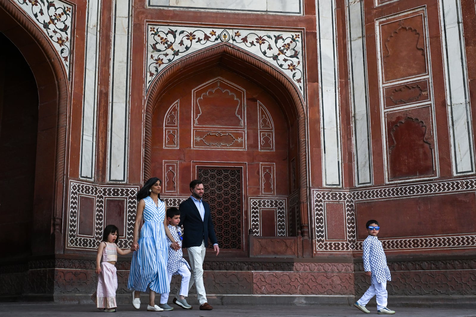 U.S. Vice President JD Vance and his family, including wife Usha Vance, visit the Taj Mahal on April 23, 2025, in Agra, India. (Kenny Holston/The New York Times via AP, Pool)