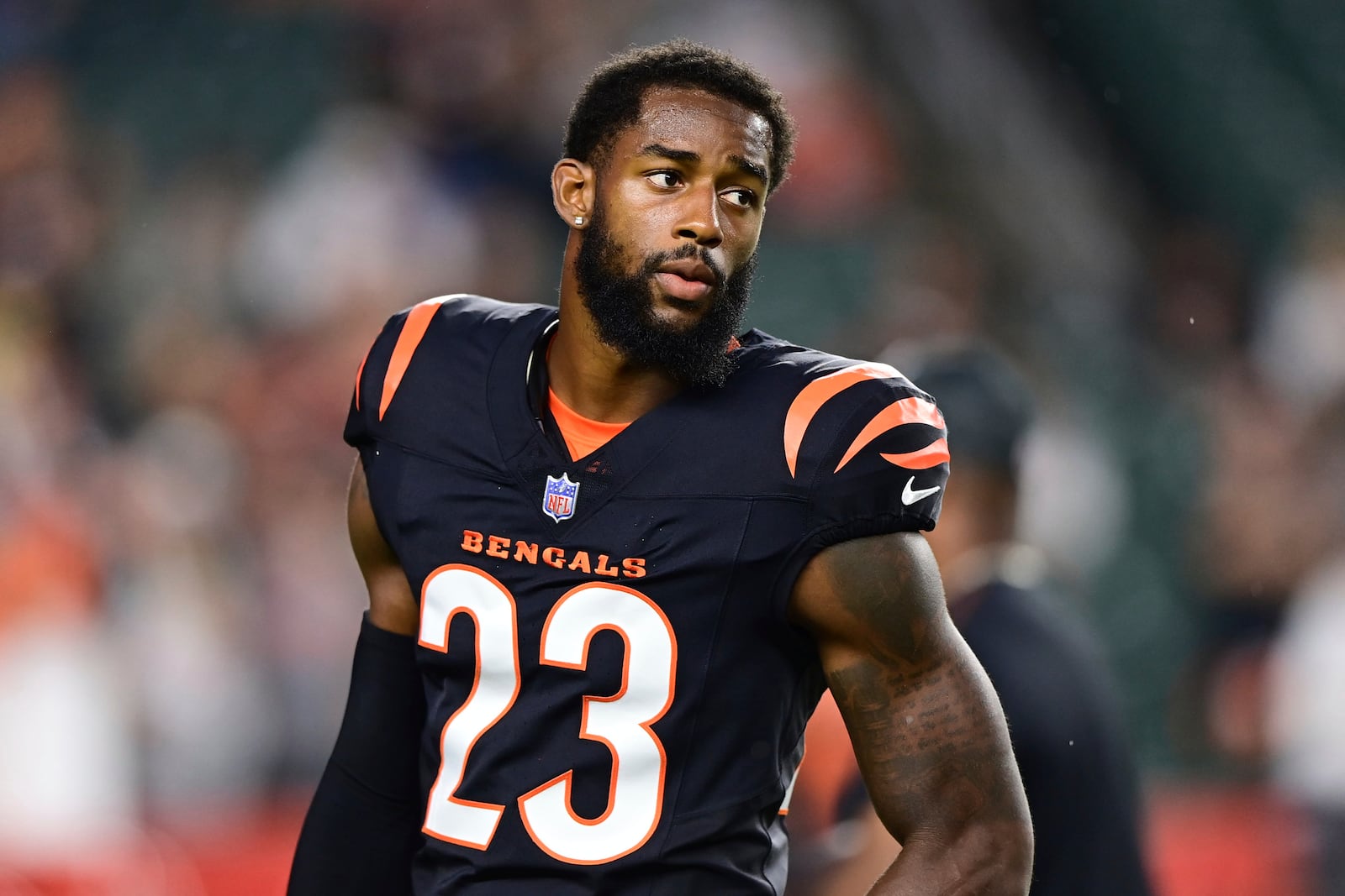 FILE - Cincinnati Bengals cornerback Dax Hill (23) warms up before an NFL football game against the Washington Commanders on Monday, Sept. 23, 2024, in Cincinnati. (AP Photo/Emilee Chinn, File)