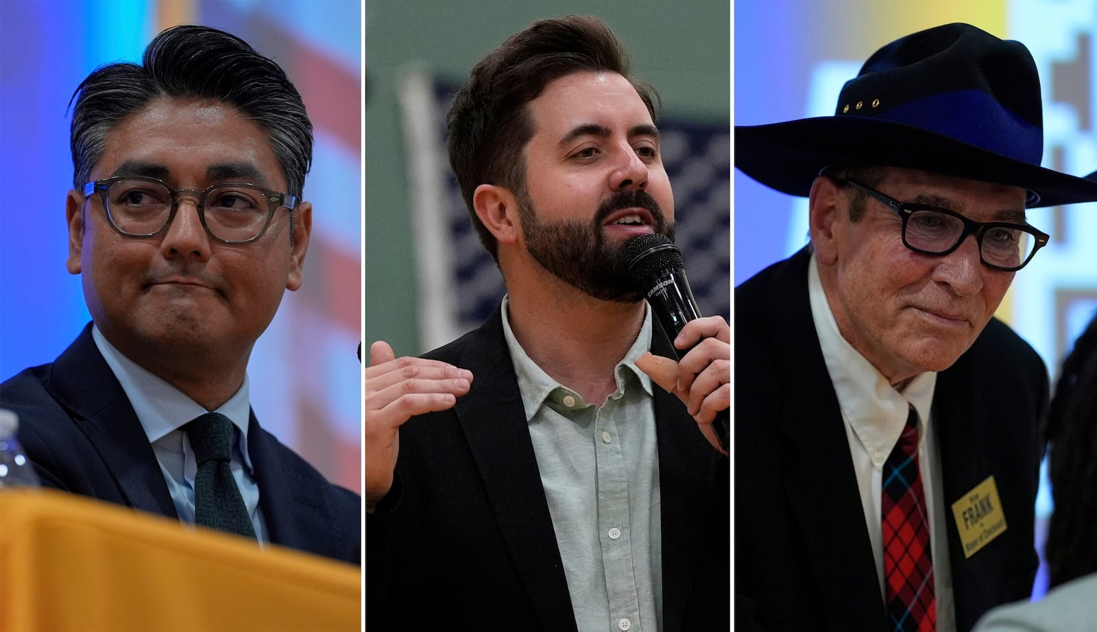 This combo of images shows incumbent Cincinnati Mayor Aftab Pureval, from left, Tuesday, April 15, 2025, River Church Cincinnati pastor Cory Bowman who is Vice President JD Vance's half brother and Cincinnati mayoral candidate, Sunday, April 20, 2025, and Cincinnati mayoral candidate Brian Frank, Tuesday, April 15, 2025, in Cincinnati. (AP Photo/Carolyn Kaster)