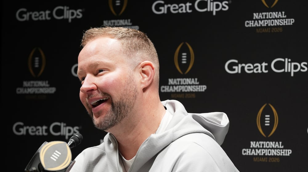 Indiana defensive coordinator Bryant Haines speaks during media day ahead of the College Football Playoff national championship game between Miami and Indiana, Saturday, Jan. 17, 2026, in Miami. The game will be played on Monday. (AP Photo/Marta Lavandier)