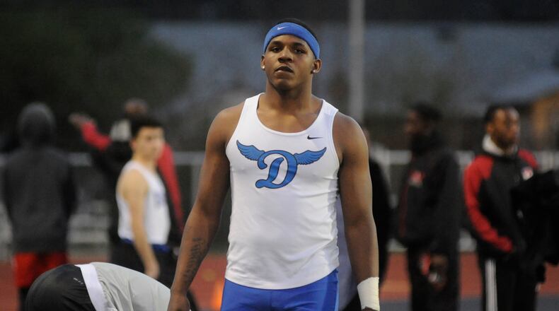 Dunbar junior Tavion Thomas warms up during the Wayne Warriors track and field invitational at Heidkamp Stadium in Huber Heights on Tuesday, April 4, 2017. MARC PENDLETON / STAFF