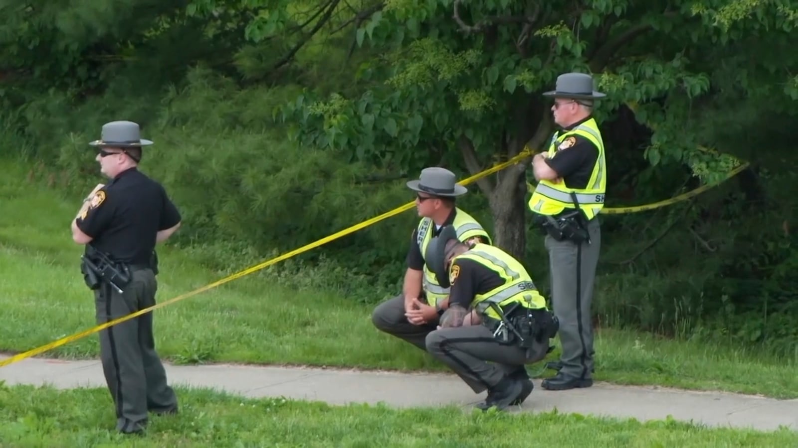 Police investigate the scene where a county deputy was struck and killed by a vehicle on Friday, May 2, 2025 in Cincinnati. (WCPO via AP)