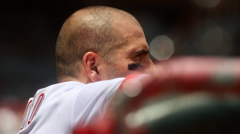 Joey Votto, of the Reds, watches the action during a game against the Colorado Rockies on Wednesday, June 21, 2023, at Great American Ball Park in Cincinnati. David Jablonski/Staff
