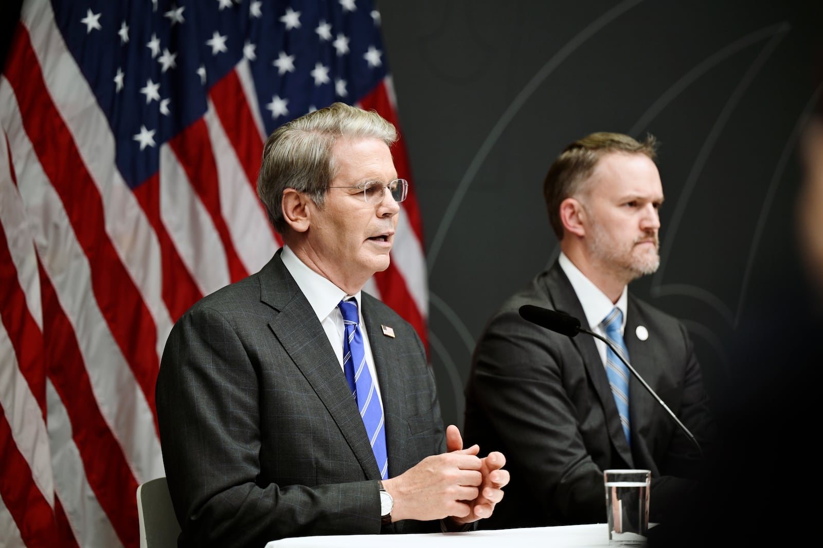 US Treasury Secretary Scott Bessent, left, and US Trade Representative Jamieson Greer during a press conference after the trade talks between the US and China in Stockholm, Sweden, Tuesday, July 29, 2025. (Magnus Lejhall/TT News Agency via AP)