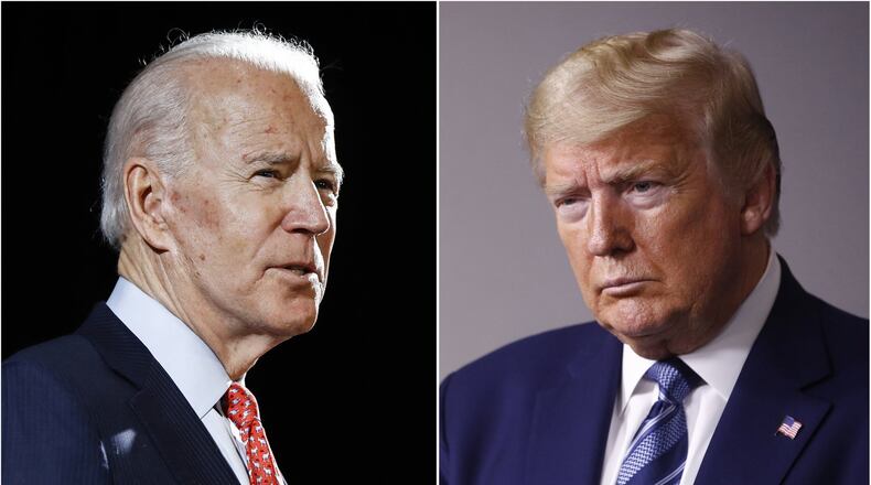 FILE - In this combination of file photos, former Vice President Joe Biden speaks in Wilmington, Del., on March 12, 2020, left, and President Donald Trump speaks at the White House in Washington on April 5, 2020. (AP Photo, File)