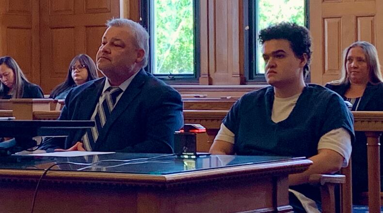 Jackson Bleything (right) sits in Judge Mike Buckwalter’s courtroom Thursday with attorney Jay Adams(left) during his competency hearing, Sept. 12, 2024. LONDON BISHOP/STAFF
