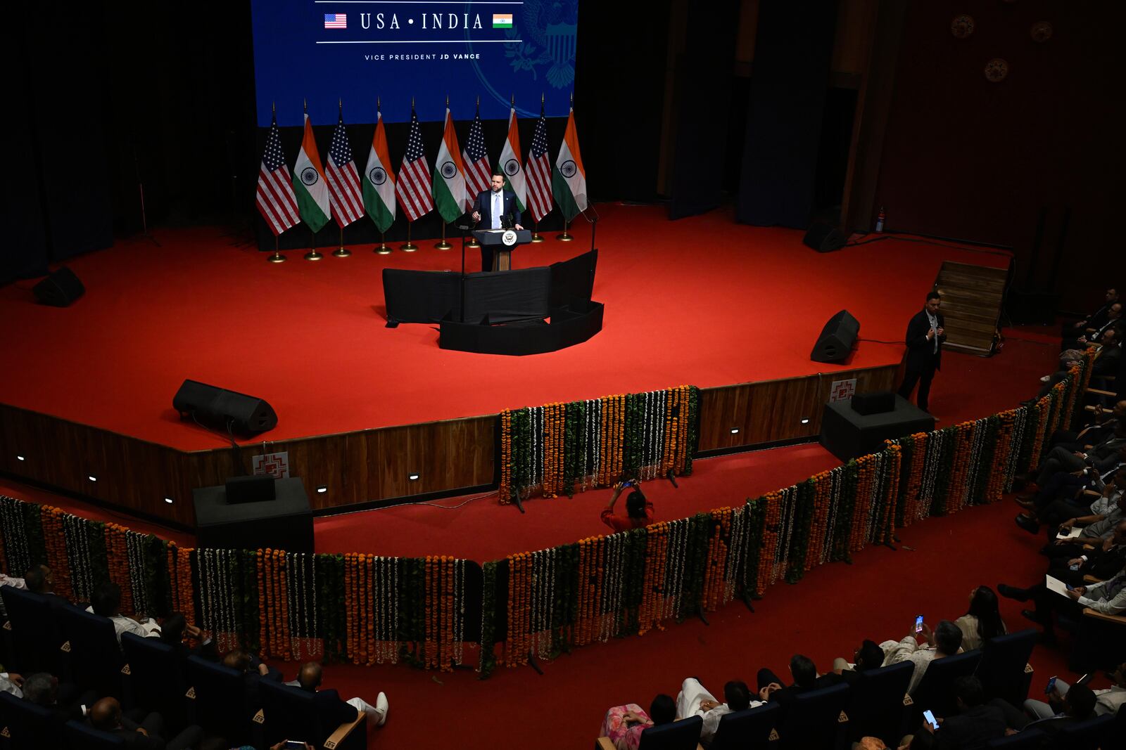 U.S. Vice President JD Vance delivers remarks at the Rajasthan International Centre in Jaipur, India, Tuesday, April 22, 2025. (Kenny Holston/The New York Times via AP, Pool)