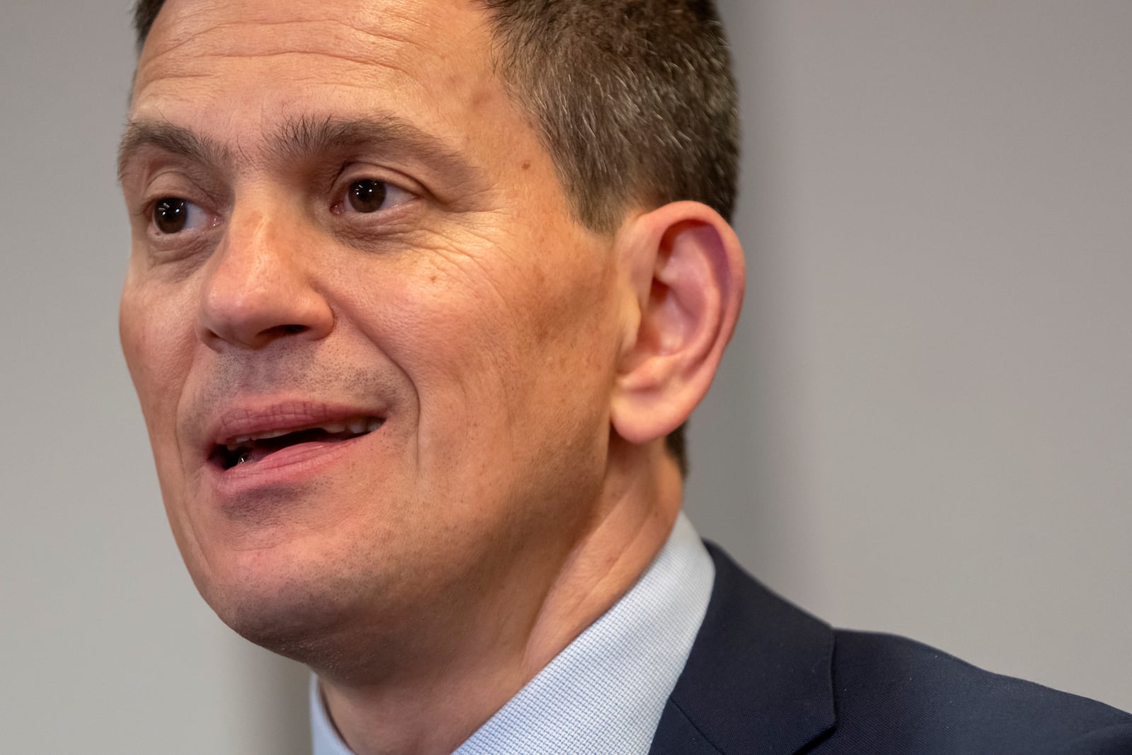 David Miliband, president and CEO of the International Rescue Committee, speaks during an interview with the Associated Press, Thursday, May 8, 2025, in Washington. (AP Photo/Mark Schiefelbein)