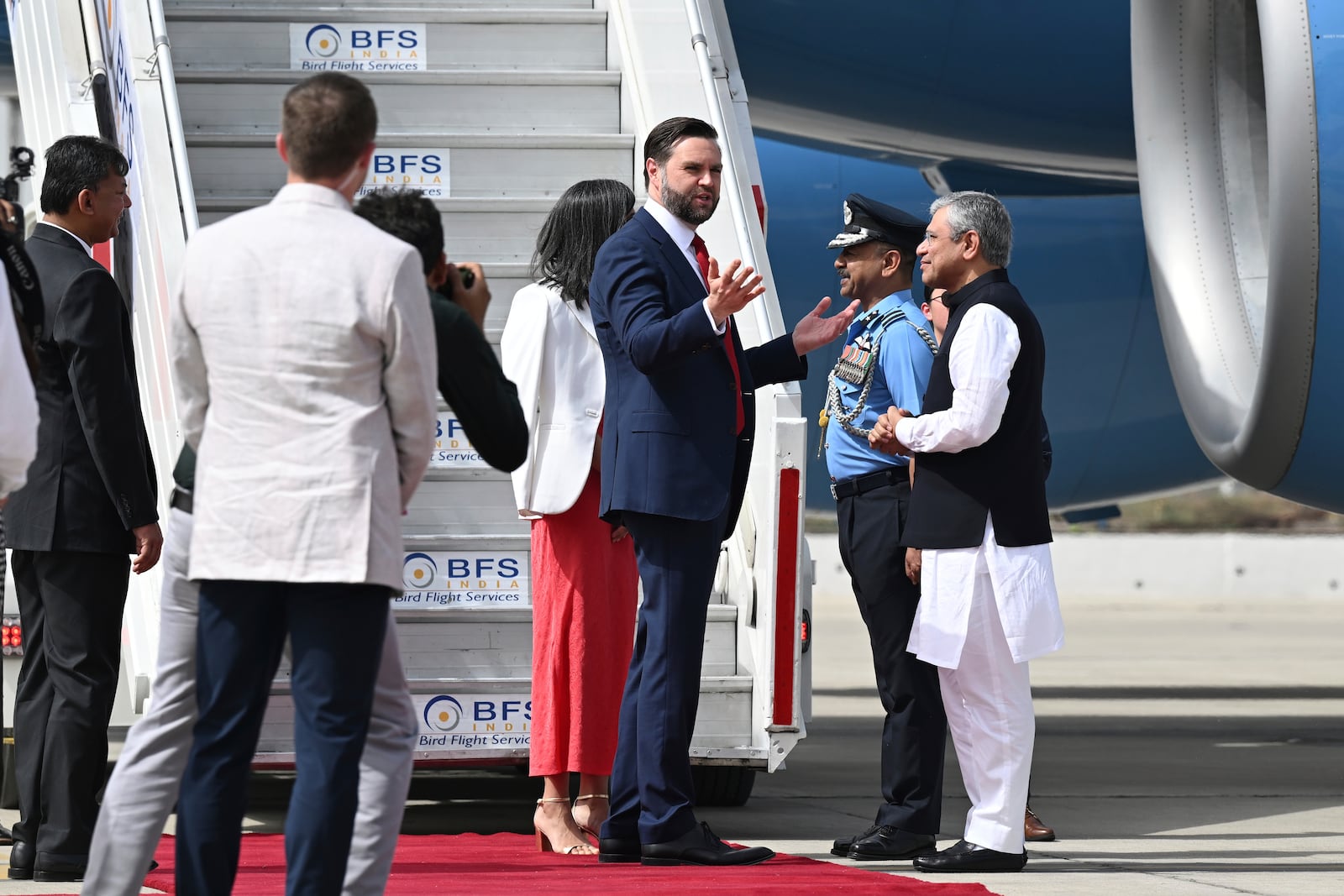 U.S. Vice President JD Vance arrives in New Delhi, India, Monday, April 21, 2025. (Kenny Holston/The New York Times via AP, Pool)
