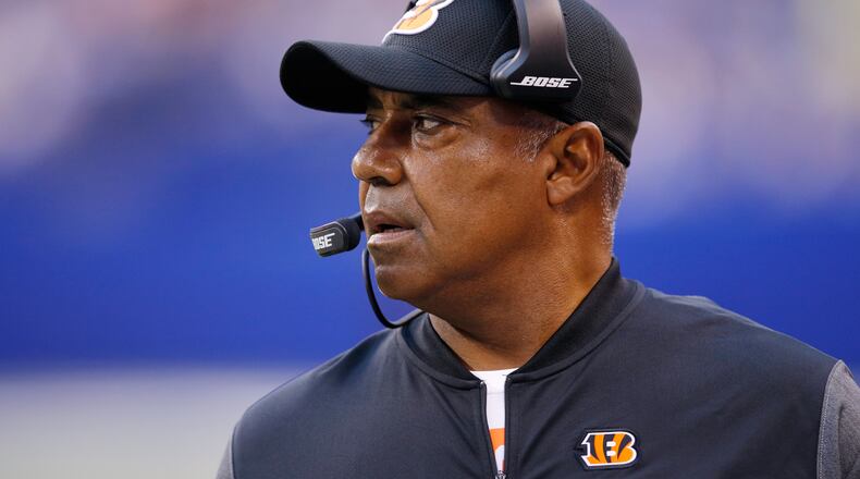 INDIANAPOLIS, IN - AUGUST 31: Head coach Marvin Lewis of the Cincinnati Bengals looks on in the first half of a preseason game against the Indianapolis Colts at Lucas Oil Stadium on August 31, 2017 in Indianapolis, Indiana. (Photo by Joe Robbins/Getty Images)