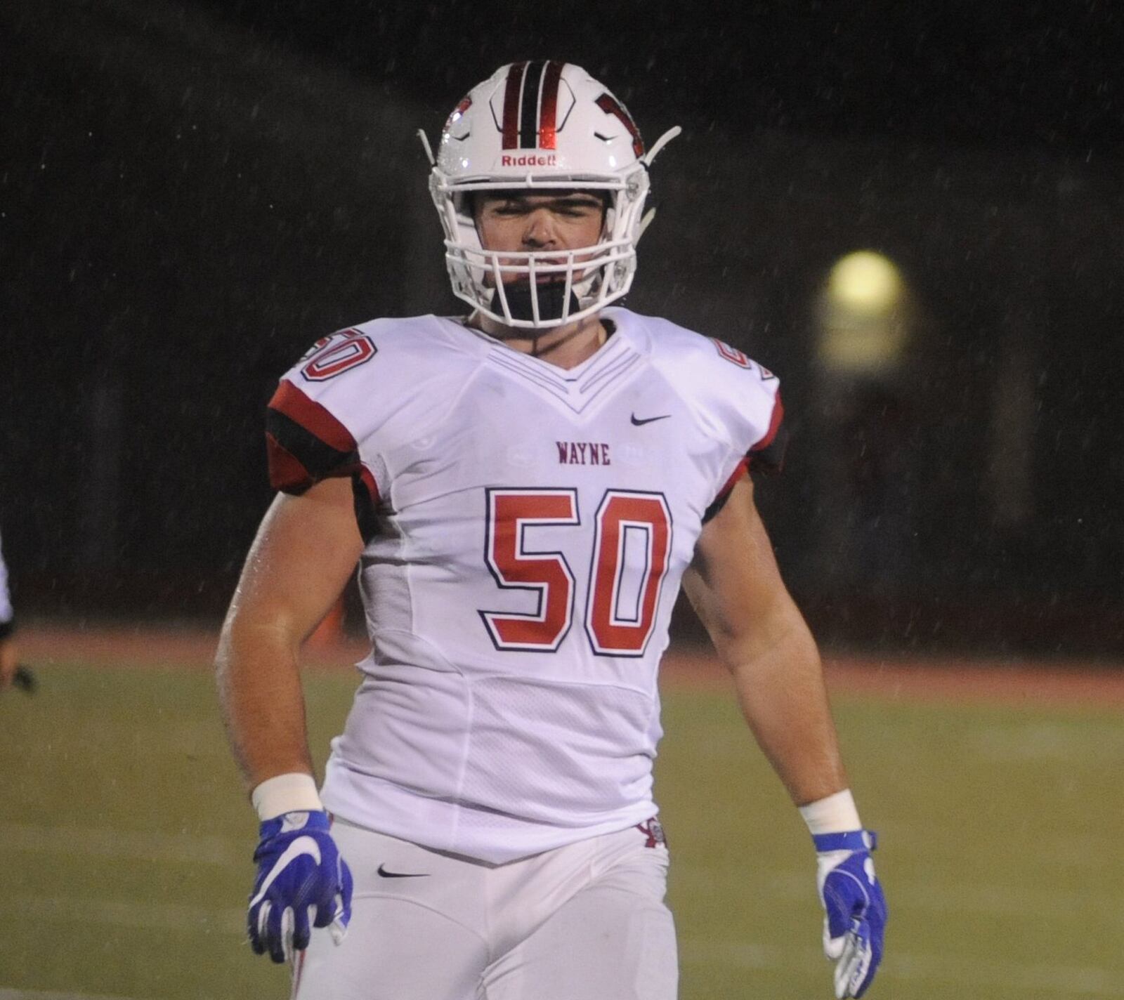 Wayne senior DE end Alex Reigelsperger switched his number to 50. Trotwood-Madison defeated visiting Wayne 14-7 in a Week 10 GWOC crossover high school football game to complete a 10-0 regular season on Friday, Oct. 27, 2017. MARC PENDLETON / STAFF