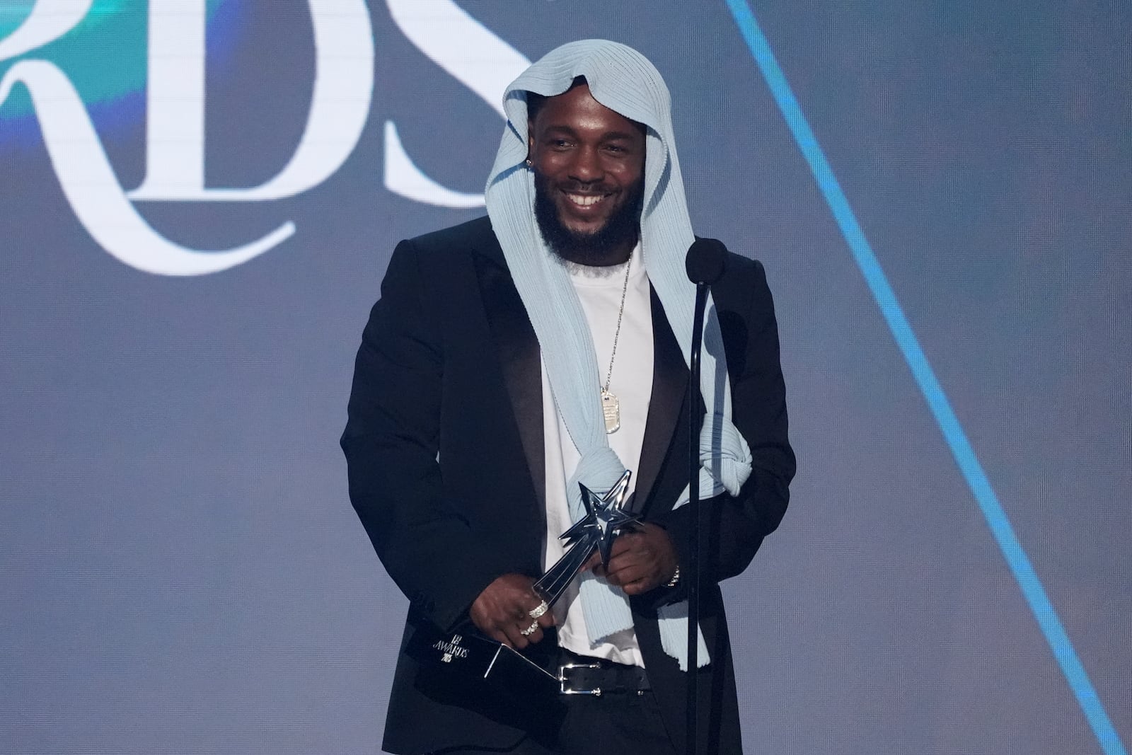 Kendrick Lamar accepts the award for album of the year for "GNX" during the BET Awards on Monday, June 9, 2025, at the Peacock Theater in Los Angeles. (AP Photo/Chris Pizzello)