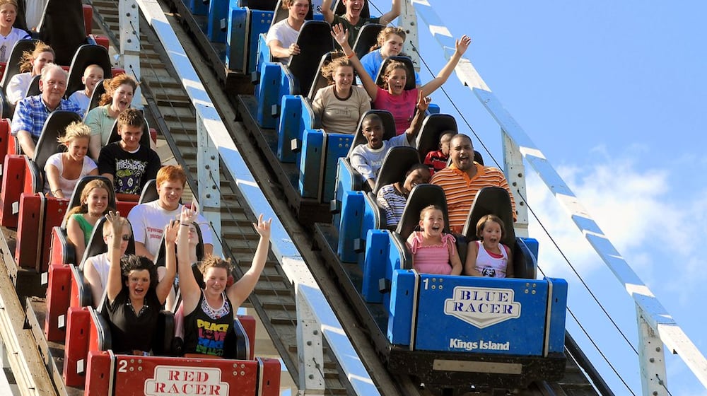 Kings Island's classic wooden coaster The Racer in 2021. STAFF