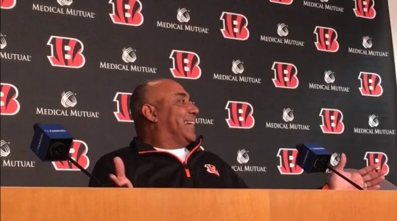 Bengals coach Marvin Lewis leans back in his chair Wednesday at interviews at Paul Brown Stadium.