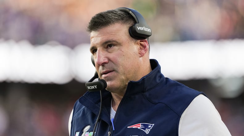 New England Patriots head coach Mike Vrabel walks along the sideline during the first half of the NFL Super Bowl 60 football game against the Seattle Seahawks, Sunday, Feb. 8, 2026, in Santa Clara, Calif. (AP Photo/Matt Slocum)