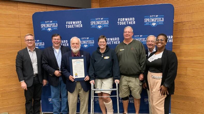 Assistant Mayor Rob Rue,Clark Carr (son of Hermann Carr), Mayor Warren Copeland, Marcie Carr-Hagler and husband Dale Hagler, Commissioner Kevin O'Neill and Commissioner Krystal Phillips.