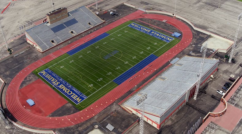 Aerial view of Dayton Public Schools’ Welcome Stadium looking northwest. TY GREENLEES / STAFF