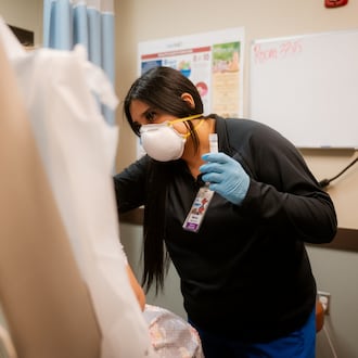 FILE — A patient is tested for measles at a hospital in Seminole, Texas on Feb. 24, 2025. (Desiree Rios/The New York Times)