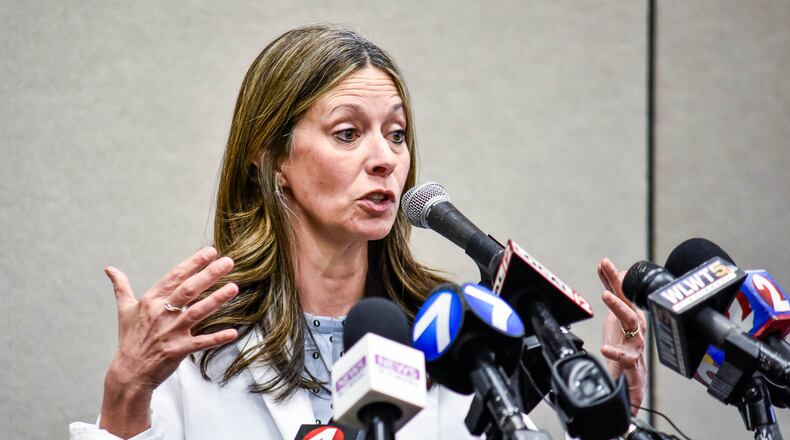 Amy Acton, M.D., then director of health for the Ohio Department of Health, speaks during a press conference held at Miami University in Oxford Tuesday, Jan. 28, 2020 regarding two possible cases of coronavirus in students who recently returned back from China. NICK GRAHAM / STAFF