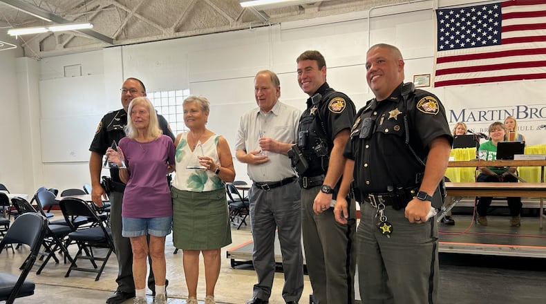 The Clark County Sheriff’s Office honored Sharon Waddle, Barbara Harbage and retired sheriff Lt. John Loney Sr. Wednesday, July 23 during the Clark County commissioner meeting with Community Impact Awards for their work over the last 50 years to keep kids safe through the Safety Village program. Brooke Spurlock/Staff