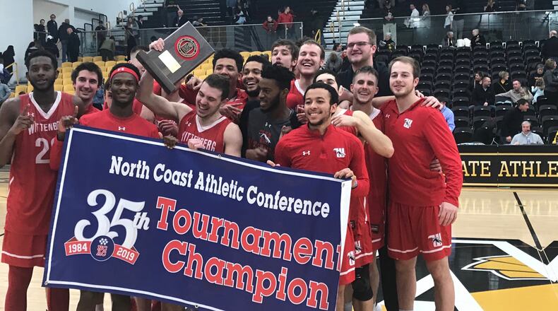 Wittenberg poses for a team photo after winning the NCAC championship by beating Wooster on Saturday, Feb. 23, 2019, at Wooster's Timken Gymnasium.