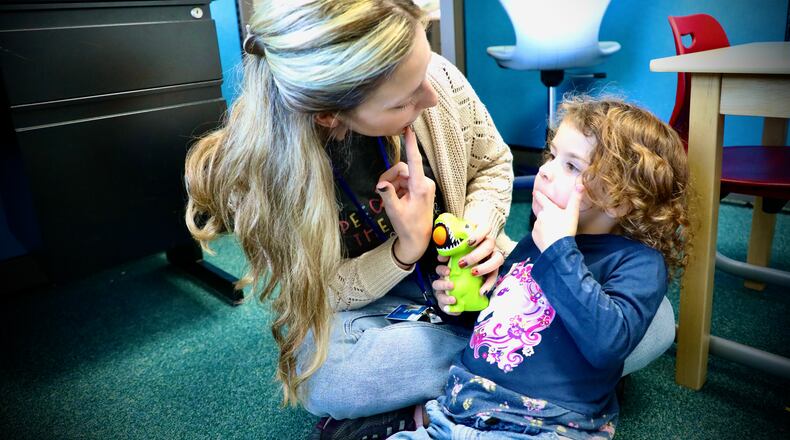 Karen Krogg, Speech and Language Therapist in the Springfield City School District, with Clark Preschool student Gabriella Penwell. Contributed/Springfield City School District
