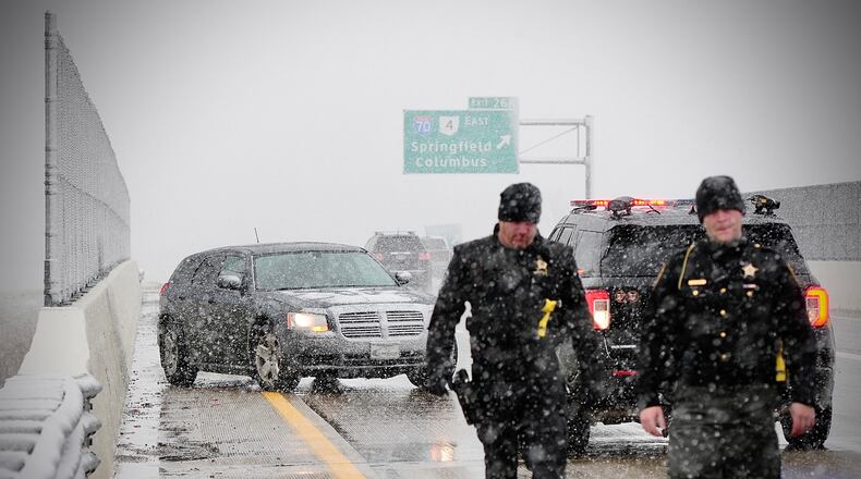 Snowfall wreaks havoc on Miami Valley roads where this vehicle spun out on Interstate 675 over top of Interstate 70 near Greene County, Saturday, Nov. 12, 2022. Only minor injuries were reported. MARSHALL GORBY\STAFF
