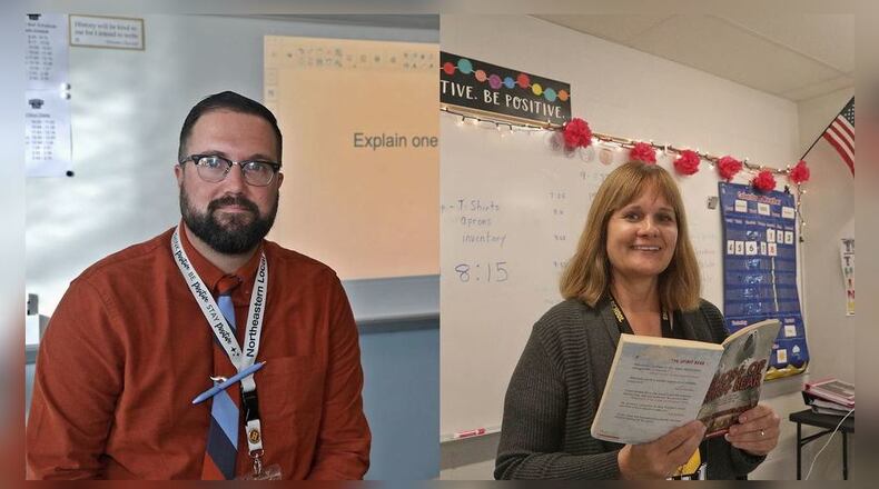 Some of the many teachers who are making a difference in the classroom: (from left to right) Reed Jones, American History teacher at Northeastern High School; and Beth Szekacs, cross-categorical classroom at Clark-Shawnee schools. BILL LACKEY/STAFF