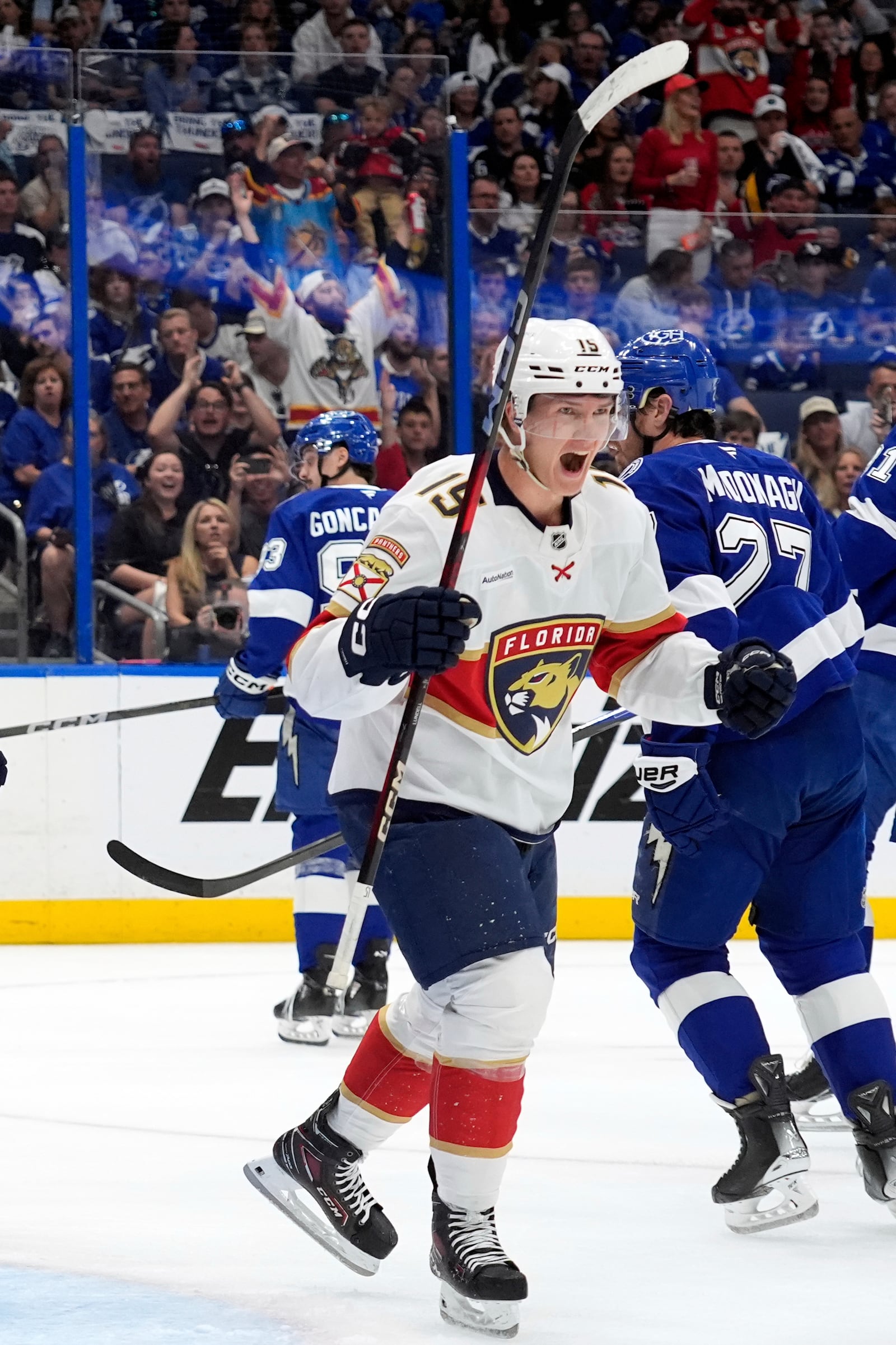 Florida Panthers center Anton Lundell (15) celebrates after scoring against the Tampa Bay Lightning during the first period in Game 5 of an NHL hockey Stanley Cup first-round playoff series, Wednesday, April 30, 2025, in Tampa, Fla. (AP Photo/Chris O'Meara)