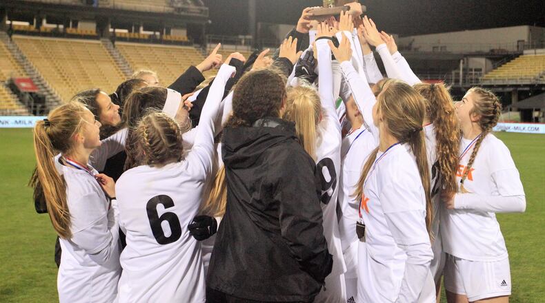 Beavercreek celebrates after a victory against Strongsville in the Division I state soccer championship on Friday, Nov. 9, 2018, at MAPFRE Stadium in Columbus. David Jablonski/Staff