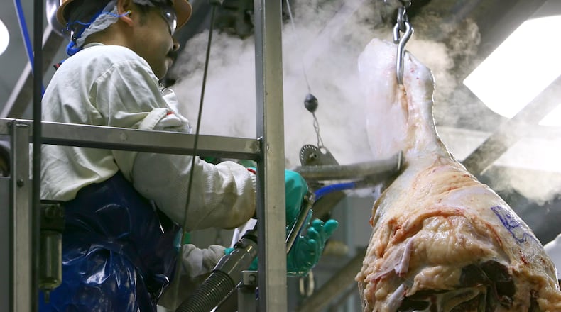 A worker on the line uses a steam vacuum on any incision areas on the carcass during a tour of the Tyson meat packing plant in Lexington, Neb., Wednesday, Nov. 14, 2007. (Kent Sievers/Omaha World-Herald via AP)