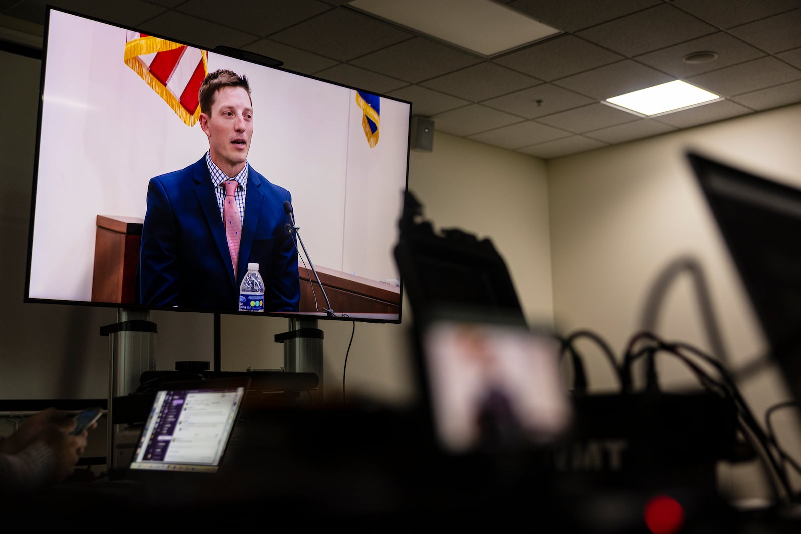 Former Grand Rapids Police officer Christopher Schurr testifies during his fifth day of trial at the Kent County Courthouse in Grand Rapids, Mich. on Friday, May 2, 2025. (Joel Bissell /Kalamazoo Gazette via AP)